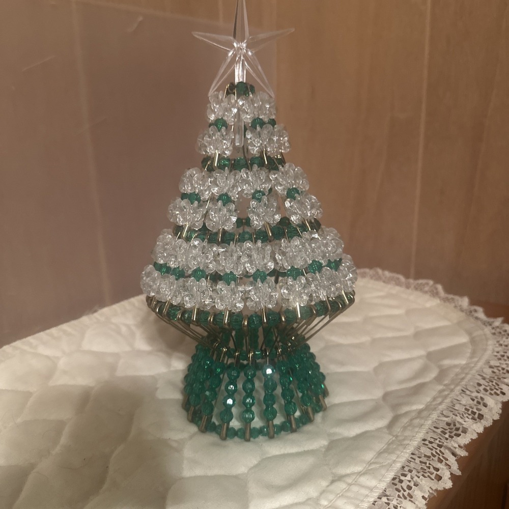 Safety Pin Christmas Tree Green White Beads Handmade 9.5" Tall Vintage Elegant